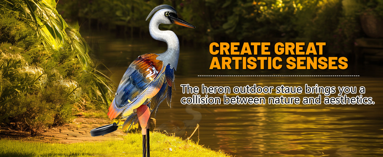 Orange Purple Solar Metal Glass Heron Garden Statue 24in