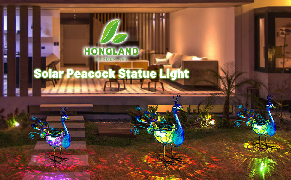Solar Powered Peacock Garden Statue with Crackle Globe 12 Inch
