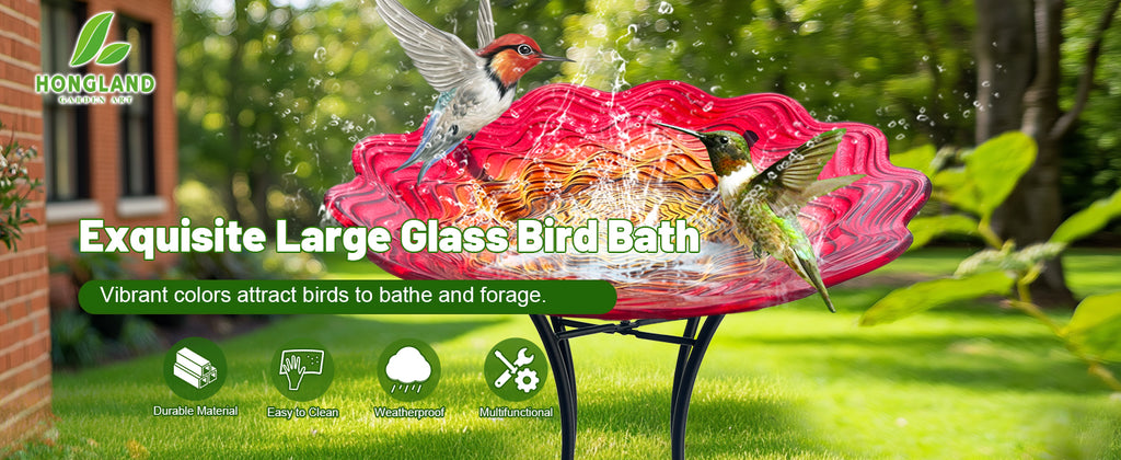 Red Yellow Glass Bird Bath with Metal Stand Garden Decor