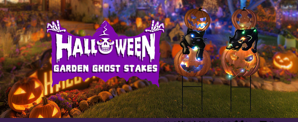 Halloween Pumpkin Cat Garden Stakes Lighted Outdoor Decor