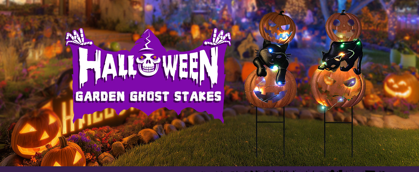 Halloween Pumpkin Cat Garden Stakes Lighted Outdoor Decor