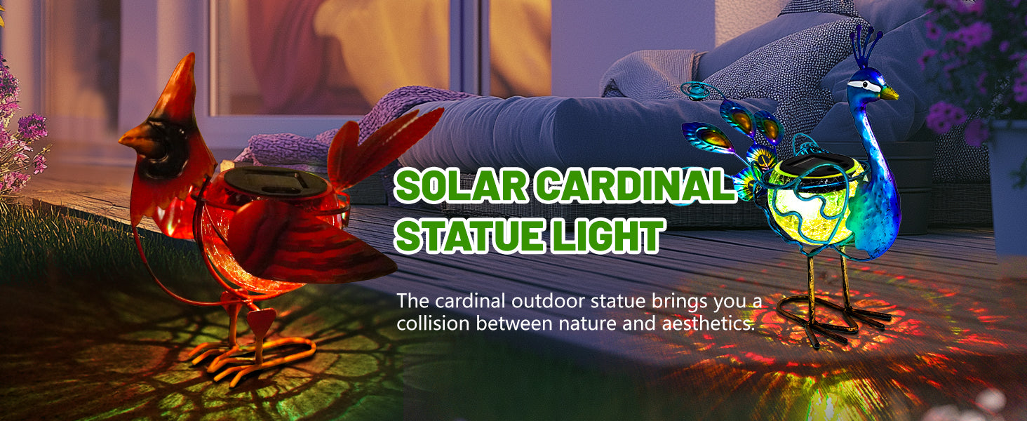 Solar Garden Cardinal Light Metal Crackle Glass Decor