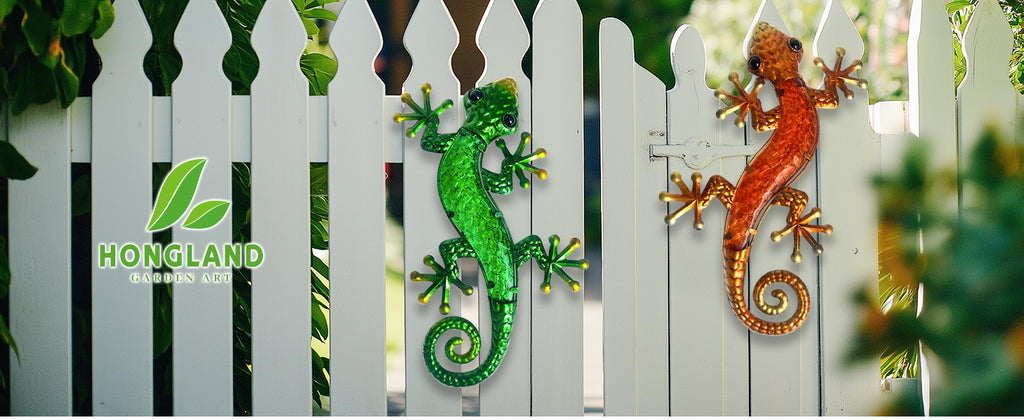 Metal Wall Lizard Decor Set of 2 Green and Orange Outdoor Art