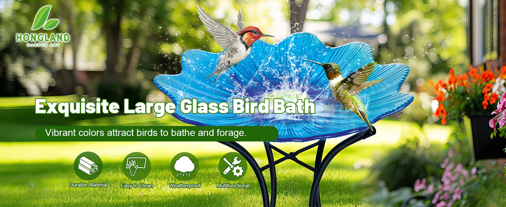 Blue Glass Bird Bath with Metal Stand Garden Decor
