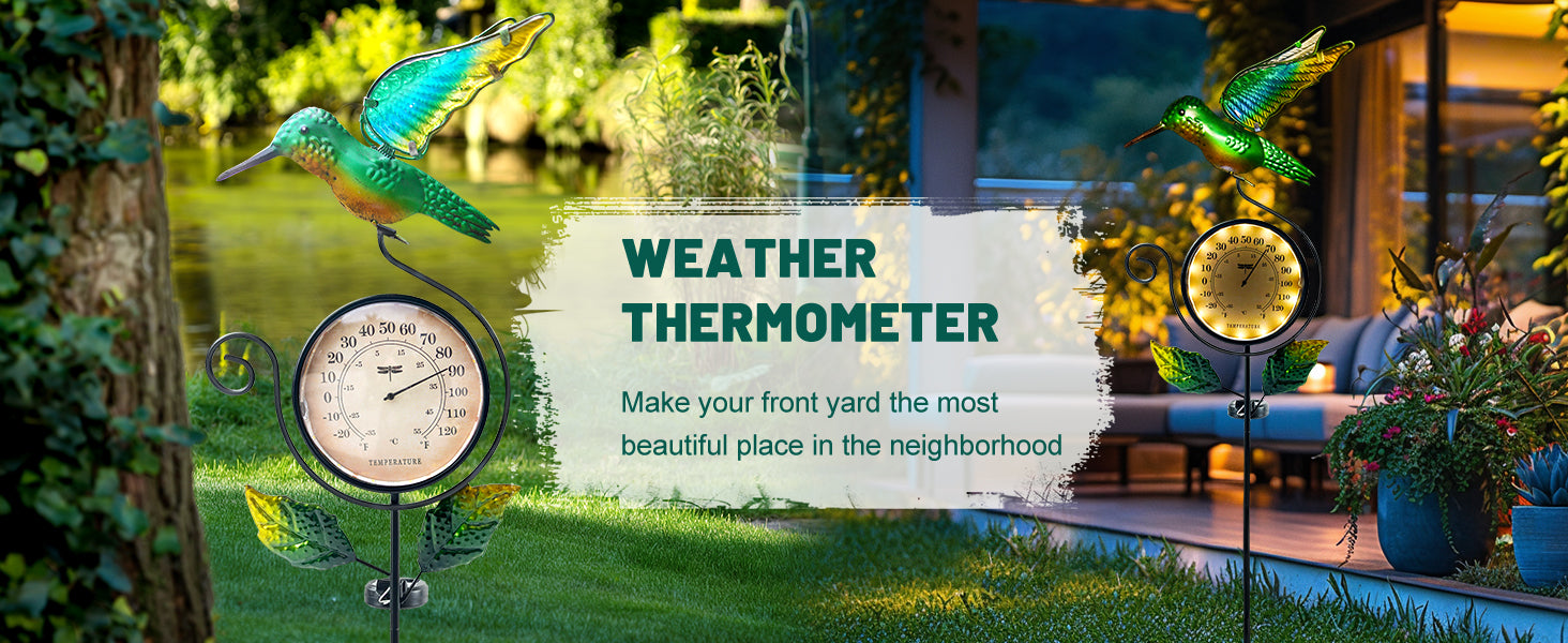 Solar Hummingbird Thermometer Garden Stake Outdoor Decor