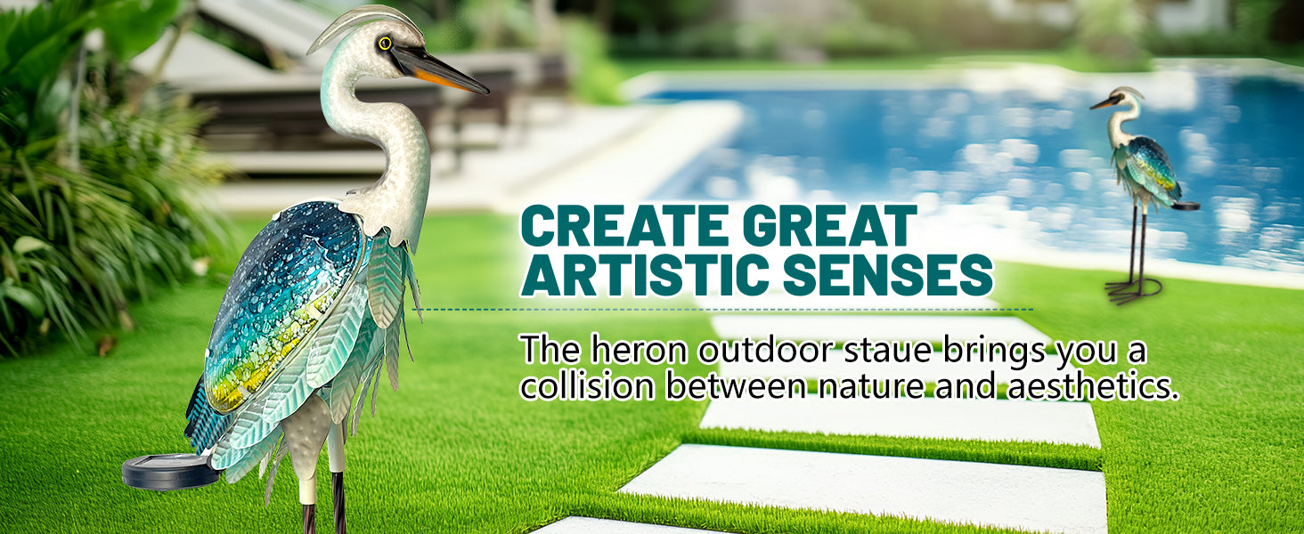Blue Green Solar Metal Glass Heron Garden Statue 24in