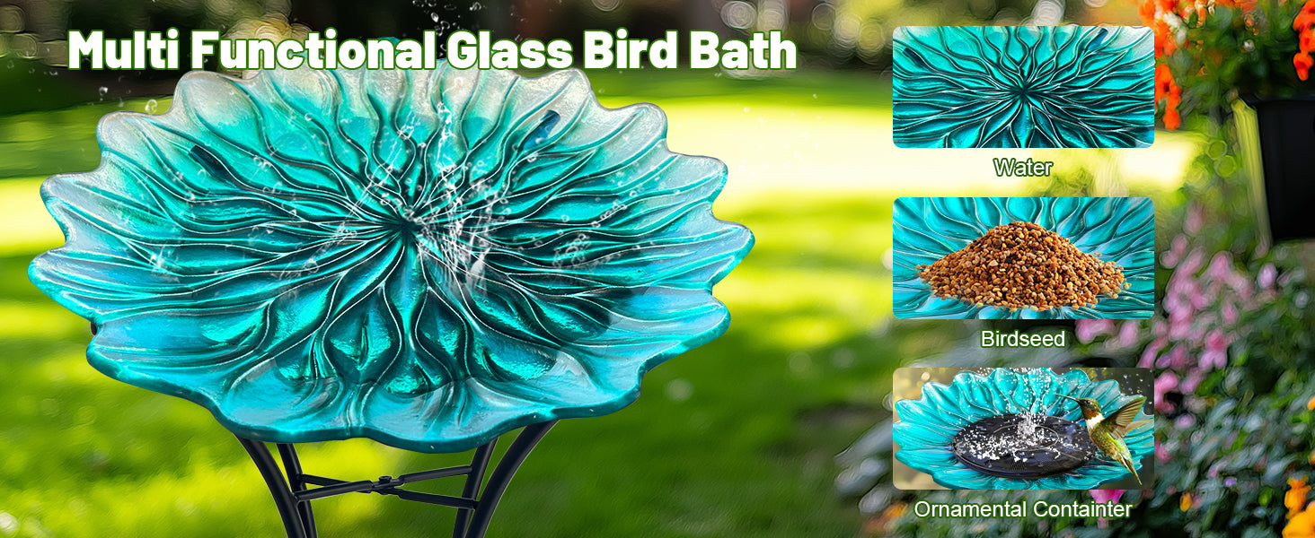 Green Glass Bird Bath with Metal Stand Garden Decor