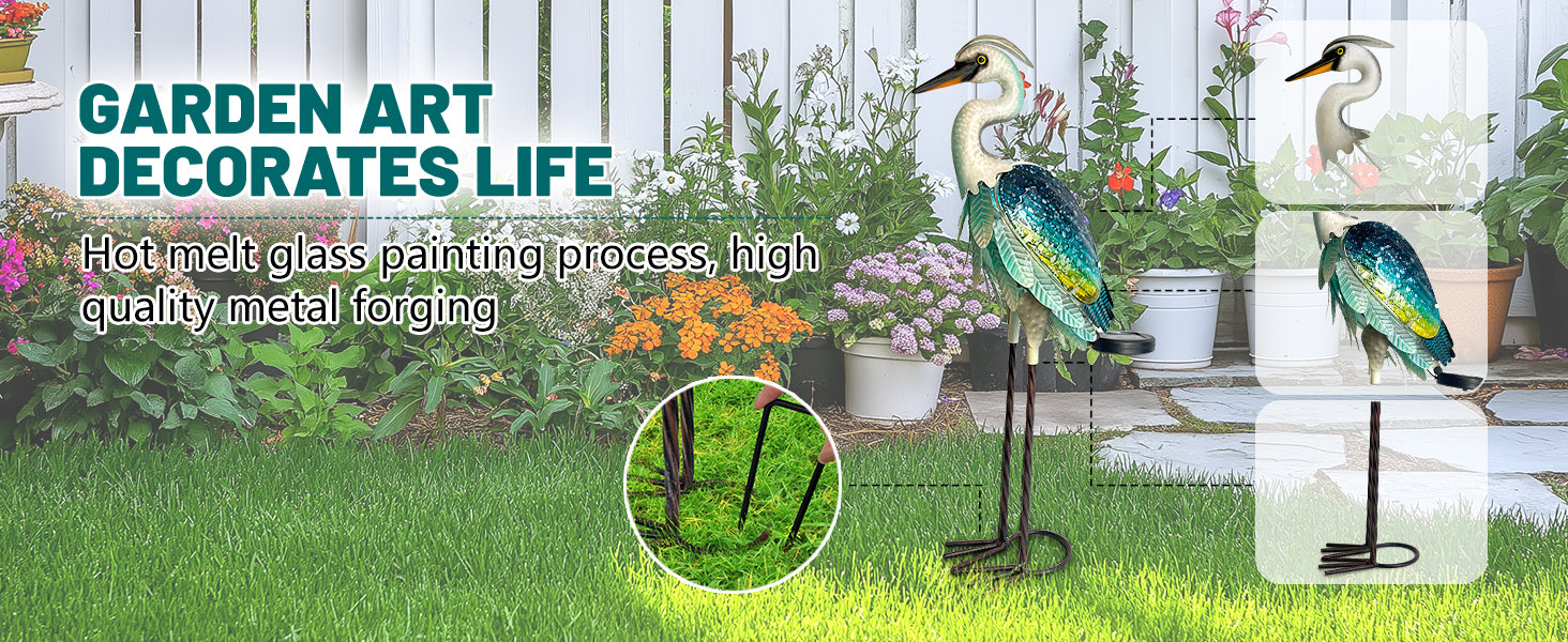 Blue Green Solar Metal Glass Heron Garden Statue 24in