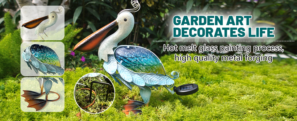 Solar Garden Pelican Statue Metal Glass Outdoor Decor