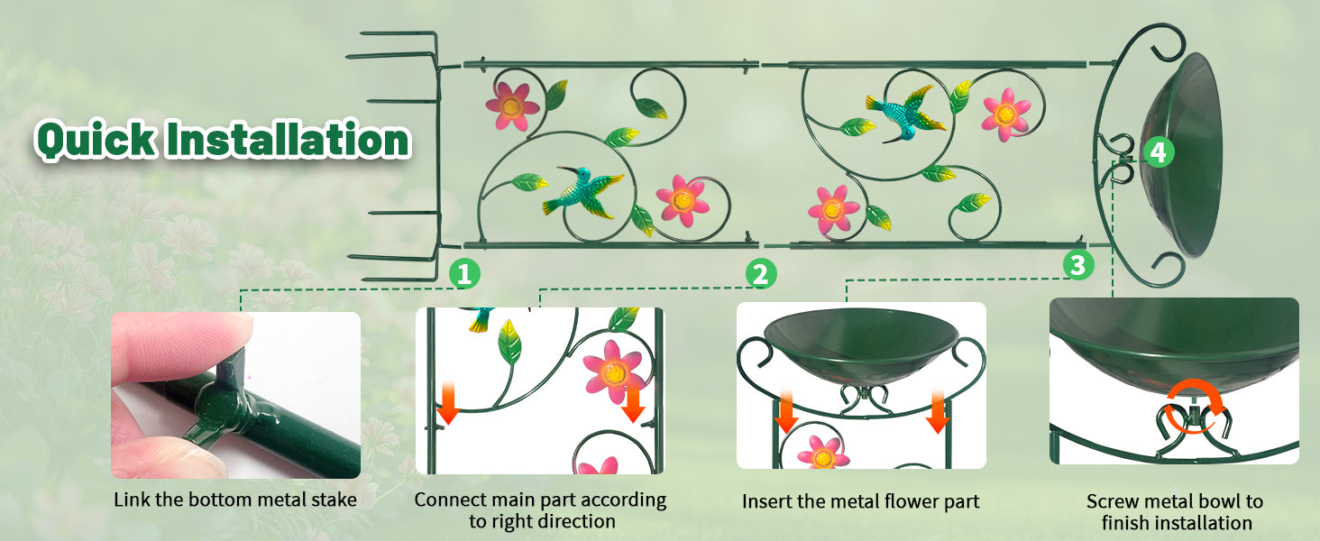 Green Hummingbird Metal Bird Bath Feeder Garden Stake