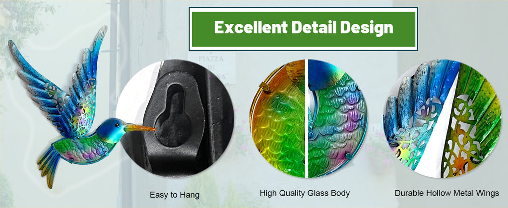 Outdoor Metal Hummingbird Wall Art Glass Garden Decor Set