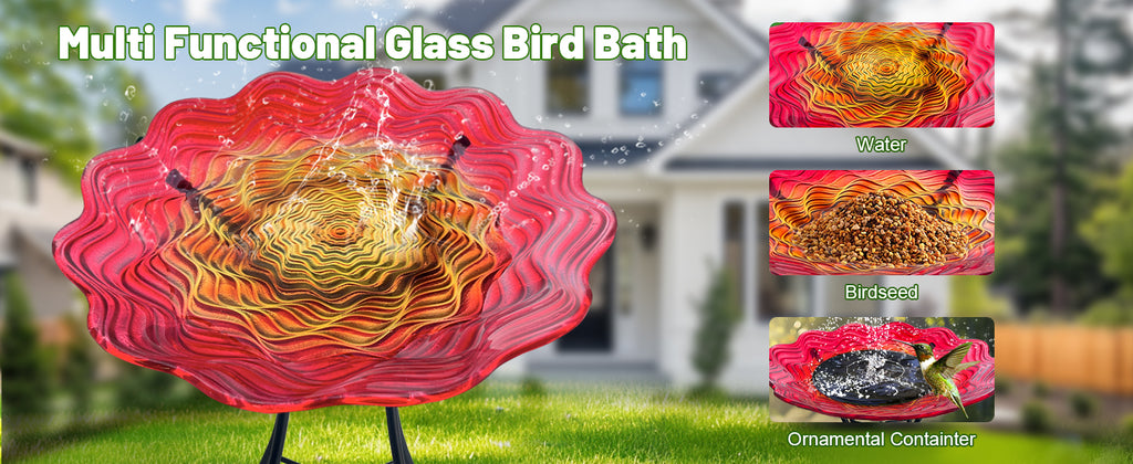 Red Yellow Glass Bird Bath with Metal Stand Garden Decor