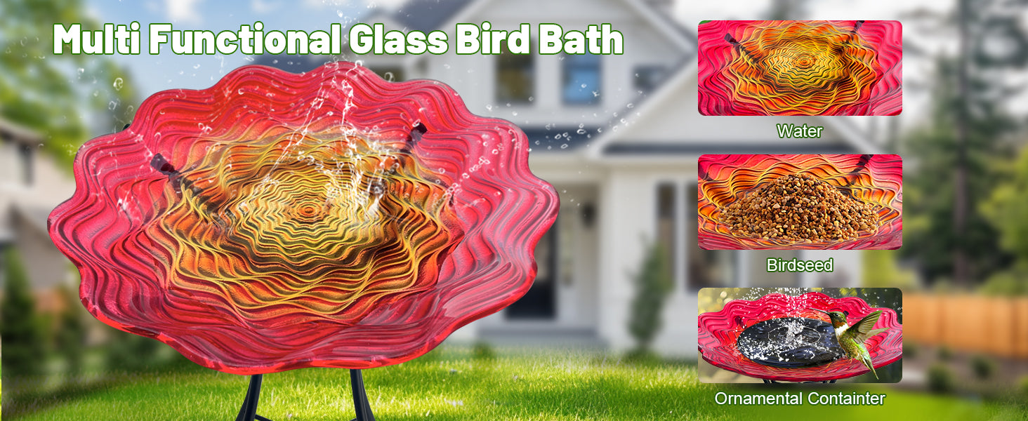 Red Yellow Glass Bird Bath with Metal Stand Garden Decor