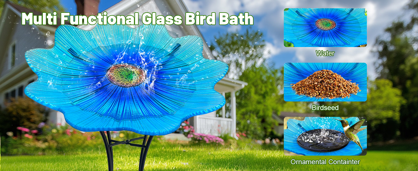 Blue Glass Bird Bath with Metal Stand Garden Decor