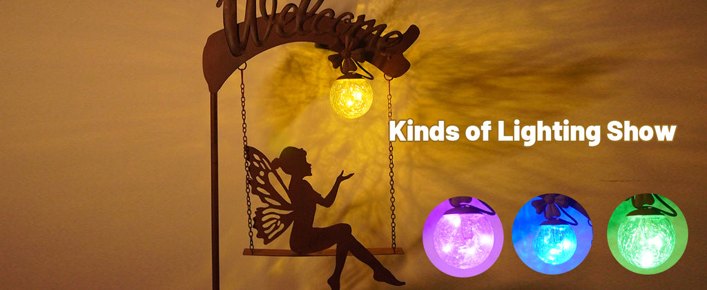 Solar Fairy Swing Light Rust Metal Welcome Garden Stake