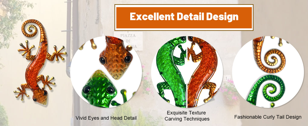 Metal Wall Lizard Decor Set of 2 Green and Orange Outdoor Art