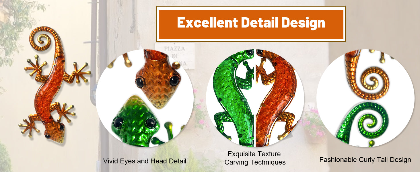 Metal Wall Lizard Decor Set of 2 Green and Orange Outdoor Art