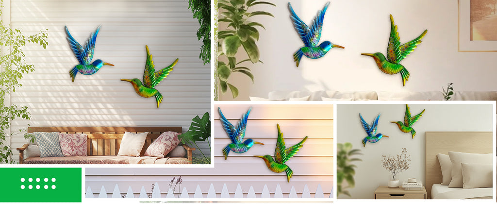 Outdoor Metal Hummingbird Wall Art Glass Garden Decor Set