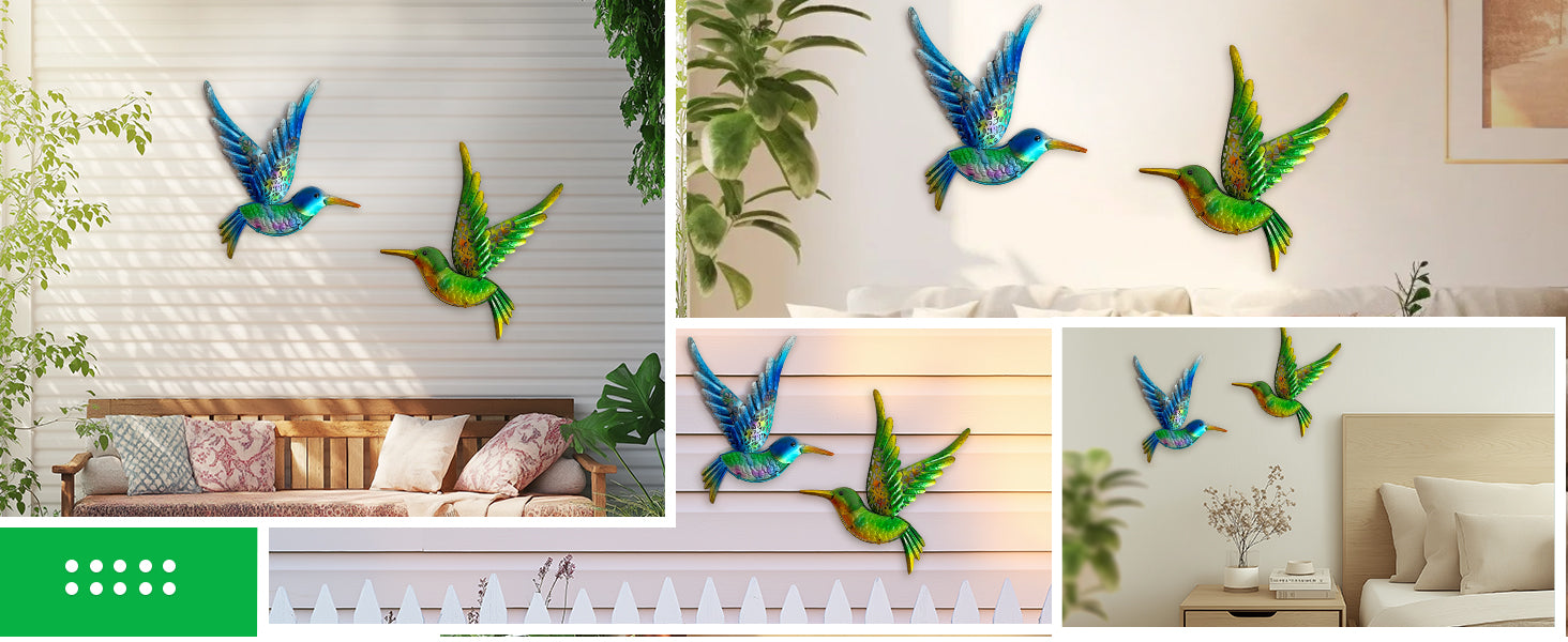 Outdoor Metal Hummingbird Wall Art Glass Garden Decor Set