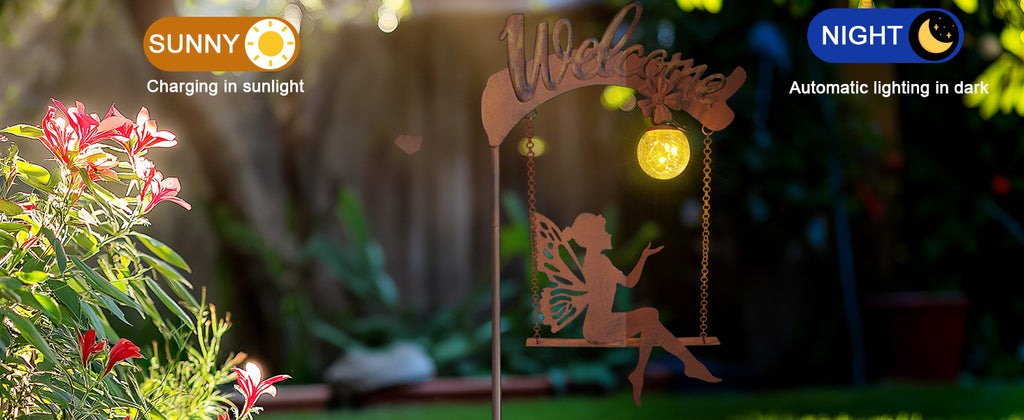 Solar Fairy Swing Light Rust Metal Welcome Garden Stake
