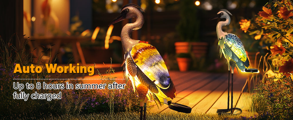 Orange Purple Solar Metal Glass Heron Garden Statue 24in