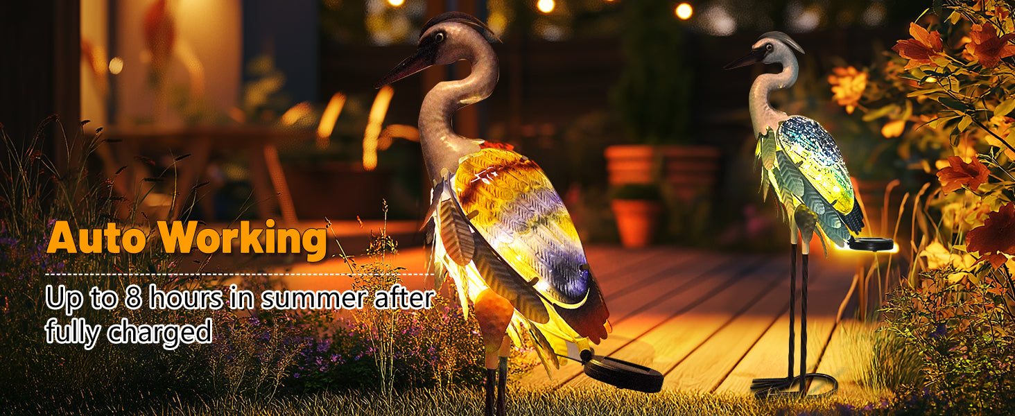 Orange Purple Solar Metal Glass Heron Garden Statue 24in