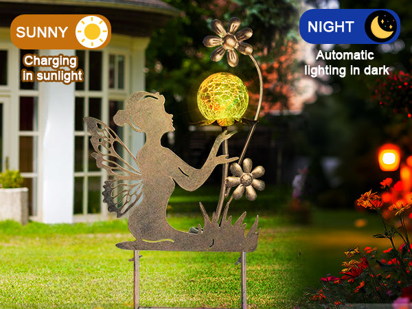 Solar Fairy Garden Light with Color Changing Crackle Glass Ball