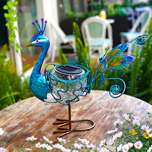 Solar Powered Peacock Garden Statue with Crackle Globe 12 Inch