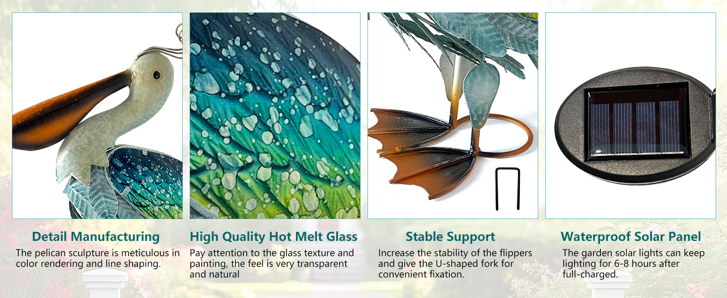 Solar Garden Pelican Statue Metal Glass Outdoor Decor