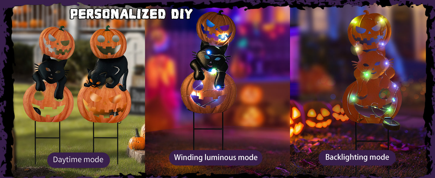 Halloween Pumpkin Cat Garden Stakes Lighted Outdoor Decor