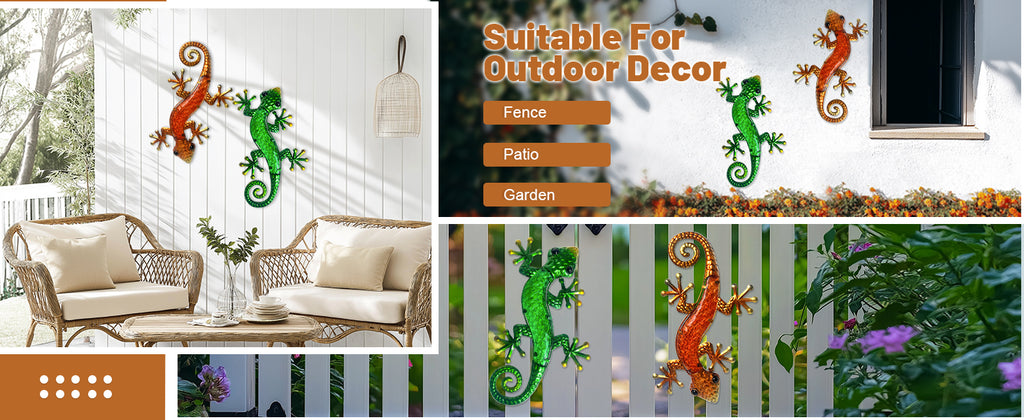 Metal Wall Lizard Decor Set of 2 Green and Orange Outdoor Art