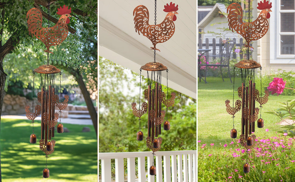 Antique Bronze Rooster Metal Wind Chime for Garden Decor