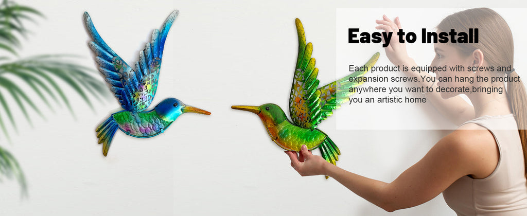 Outdoor Metal Hummingbird Wall Art Glass Garden Decor Set