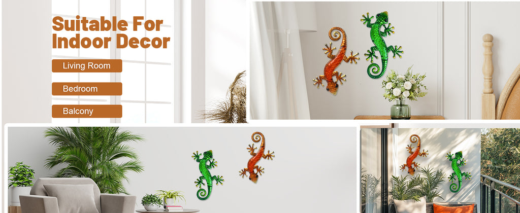Metal Wall Lizard Decor Set of 2 Green and Orange Outdoor Art