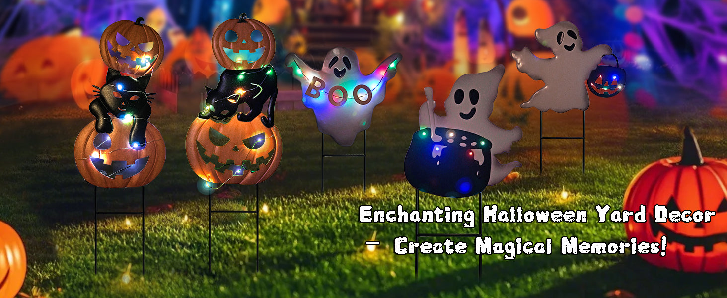 Halloween Pumpkin Cat Garden Stakes Lighted Outdoor Decor