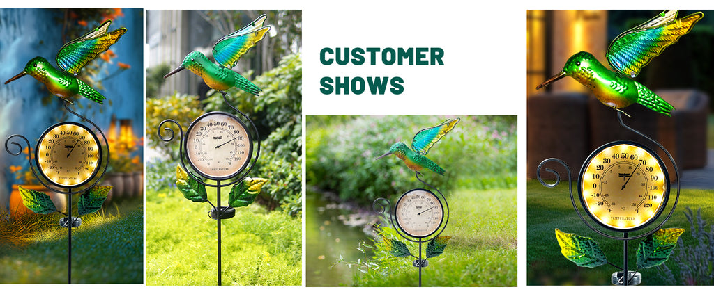 Solar Hummingbird Thermometer Garden Stake Outdoor Decor