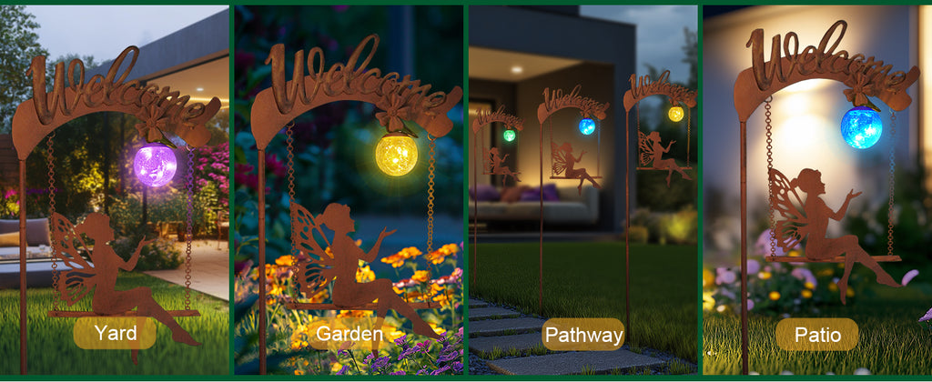 Solar Fairy Swing Light Rust Metal Welcome Garden Stake