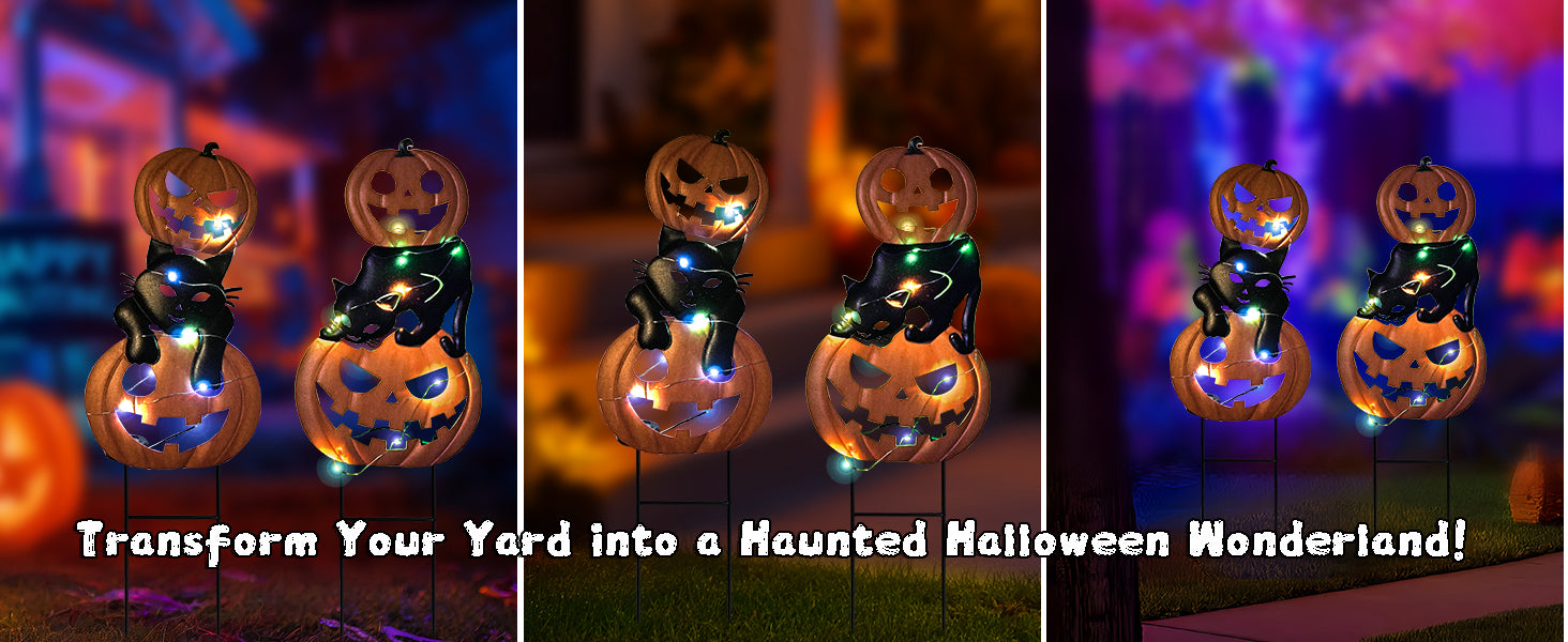 Halloween Pumpkin Cat Garden Stakes Lighted Outdoor Decor