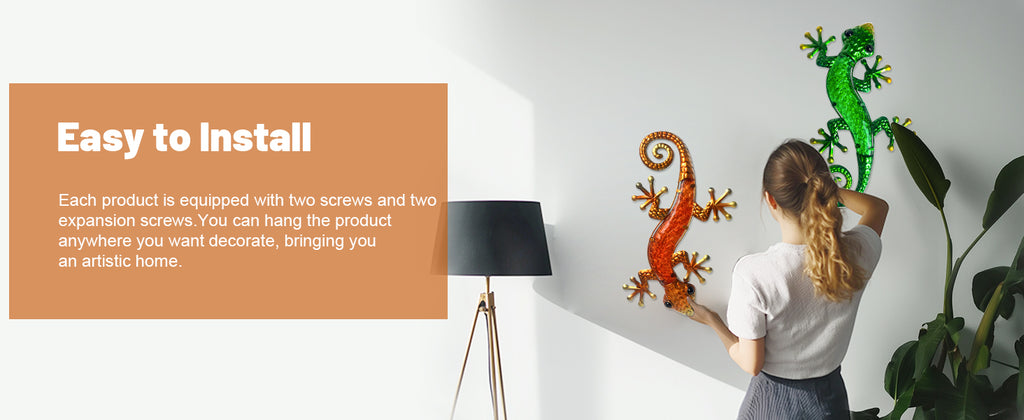 Metal Wall Lizard Decor Set of 2 Green and Orange Outdoor Art