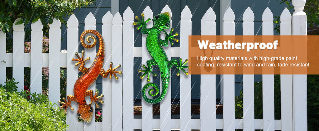 Metal Wall Lizard Decor Set of 2 Green and Orange Outdoor Art
