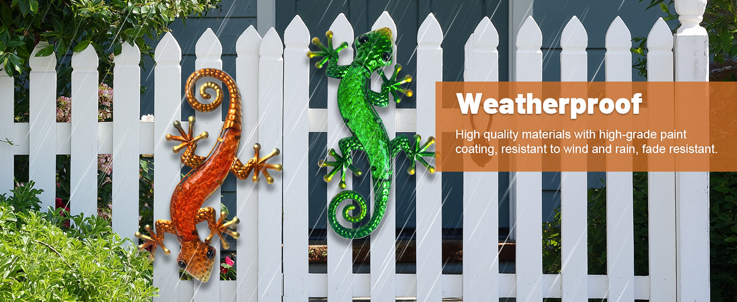 Metal Wall Lizard Decor Set of 2 Green and Orange Outdoor Art