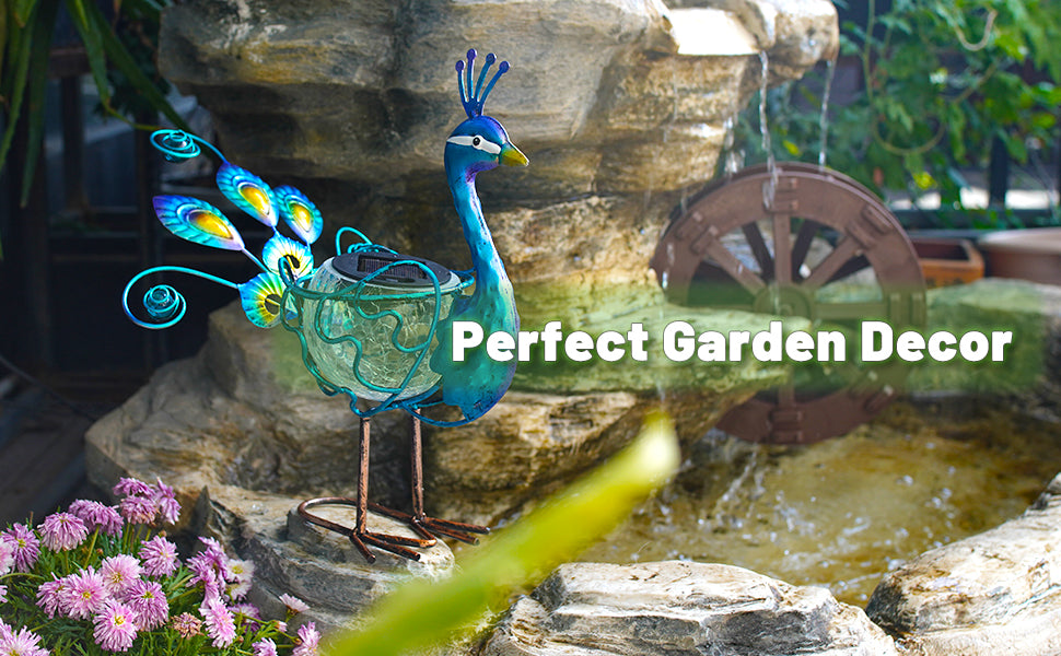 Solar Powered Peacock Garden Statue with Crackle Globe 12 Inch