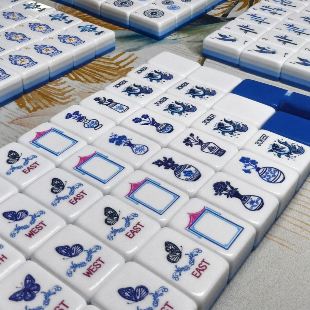 Acrylic Mahjong Set Blue White Classic Game Tiles