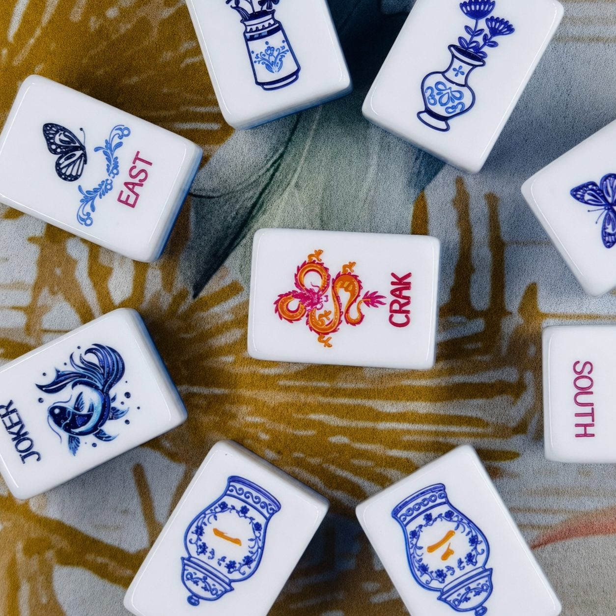 Acrylic Mahjong Set Blue White Classic Game Tiles