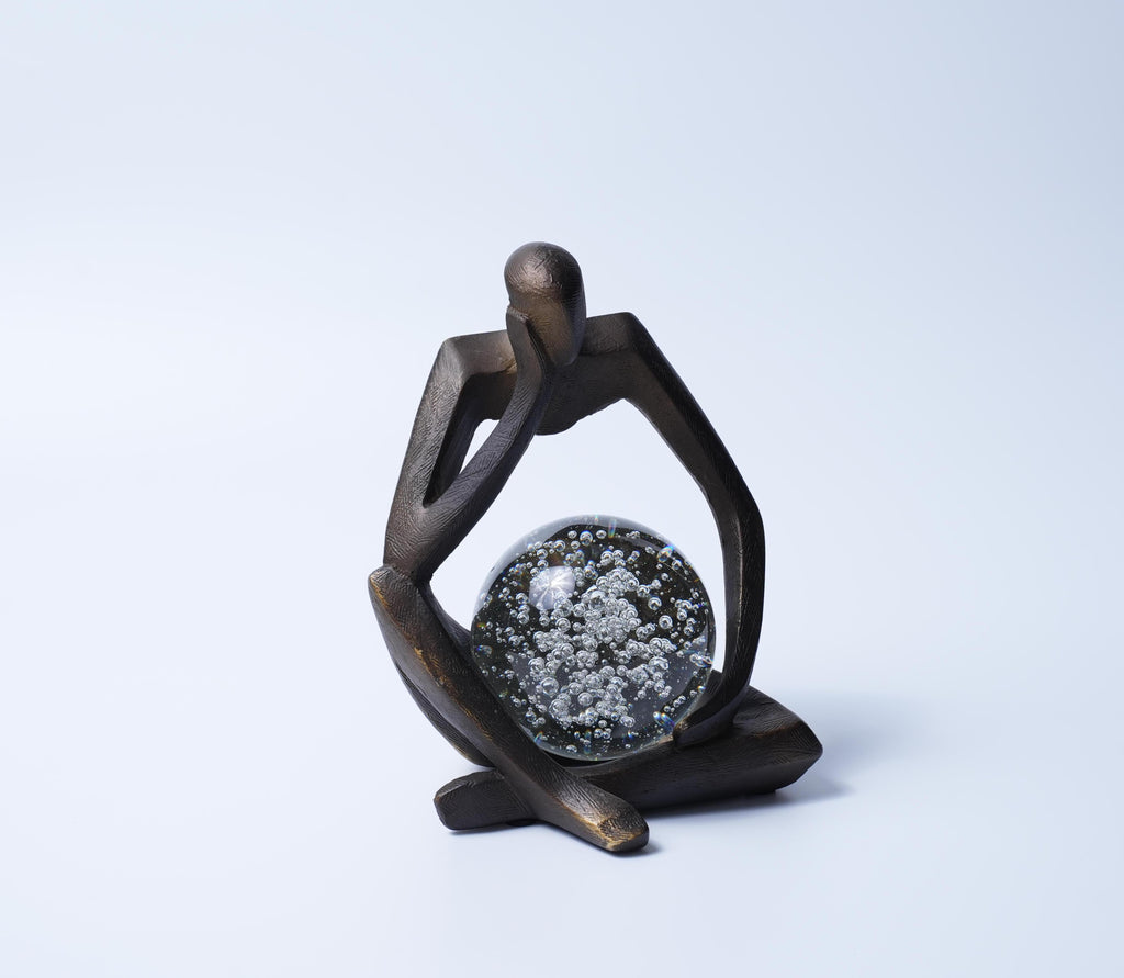 Bronze Thinker Sculpture with Glass Crystal Sphere Decor