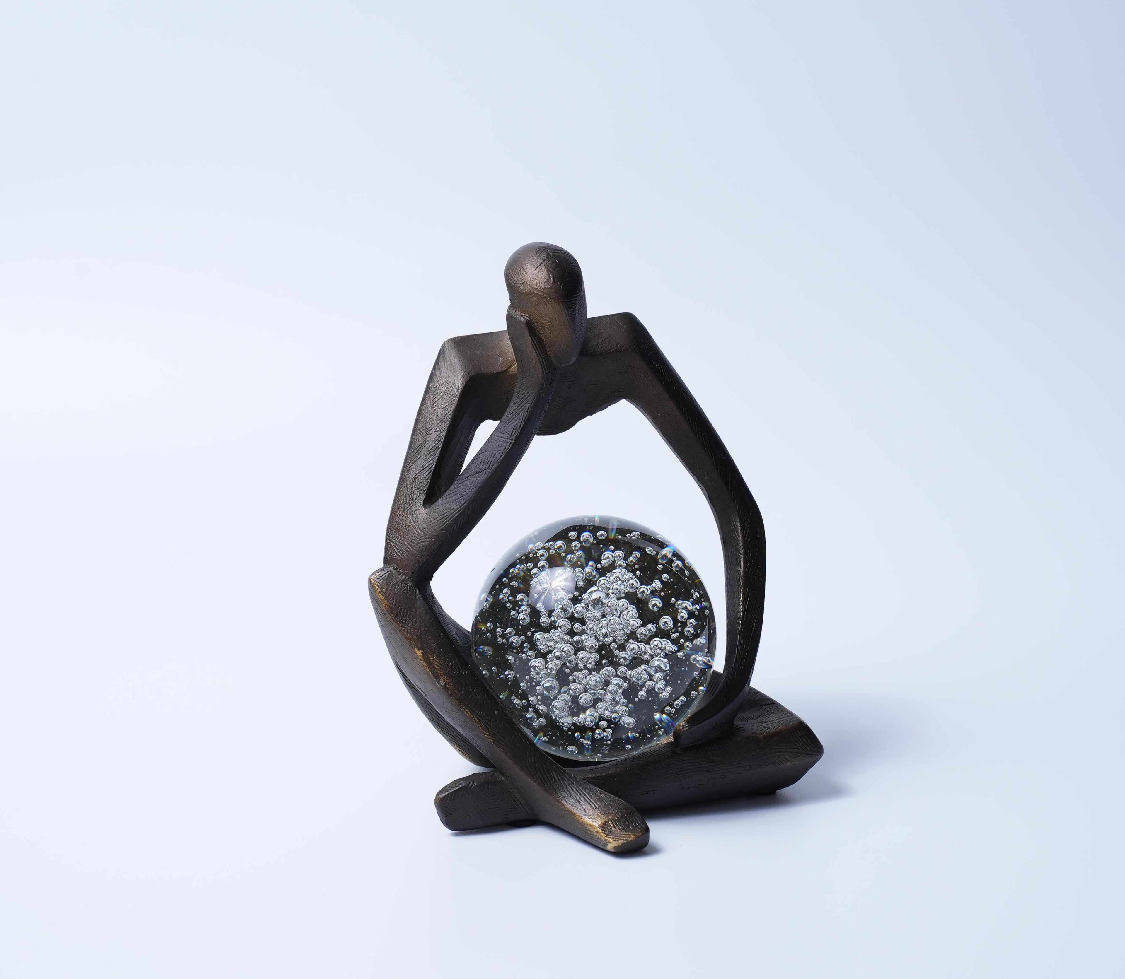 Bronze Thinker Sculpture with Glass Crystal Sphere Decor