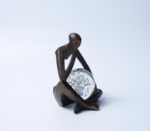 Bronze Thinker Sculpture with Glass Crystal Sphere Decor