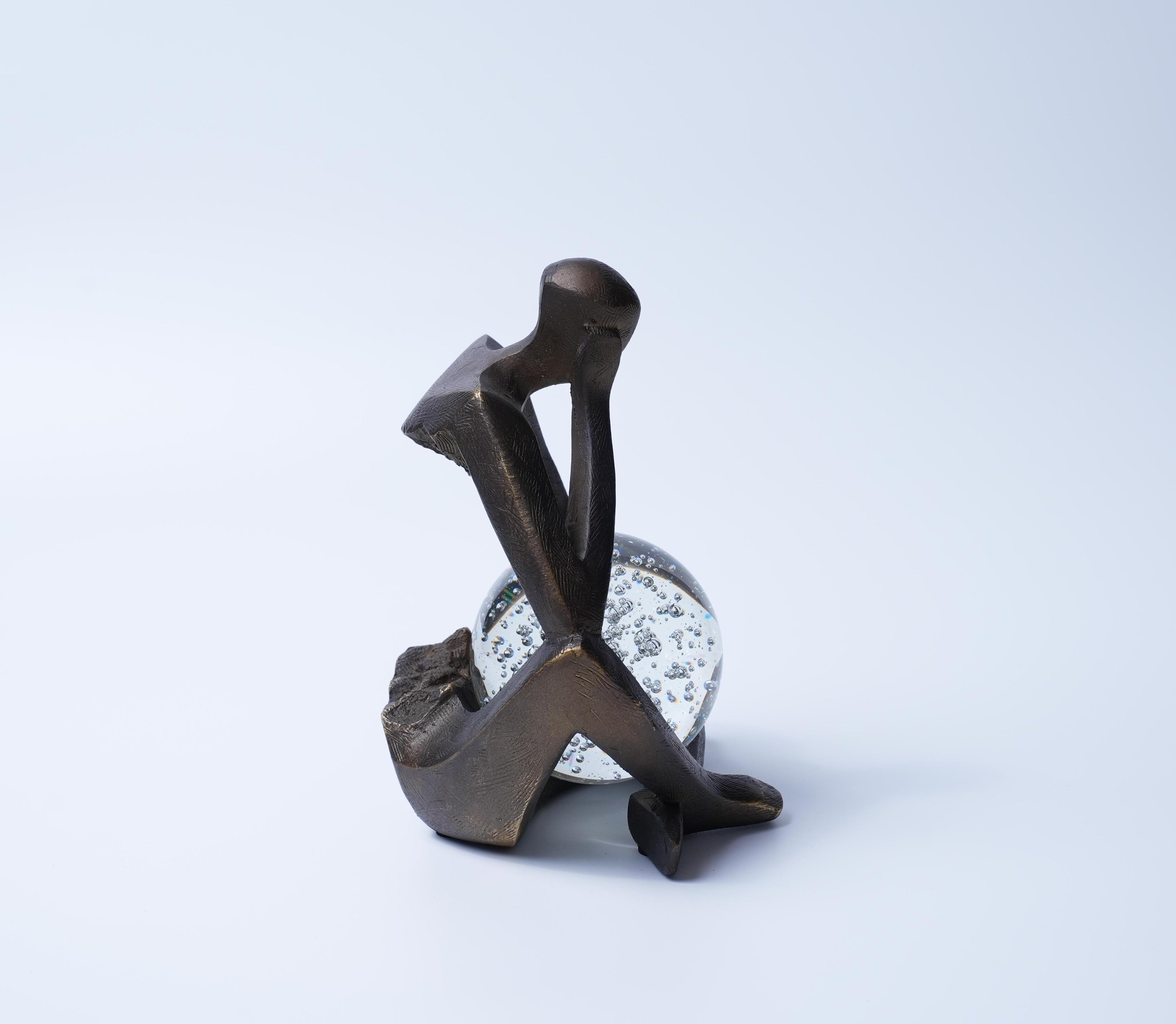Bronze Thinker Sculpture with Glass Crystal Sphere Decor