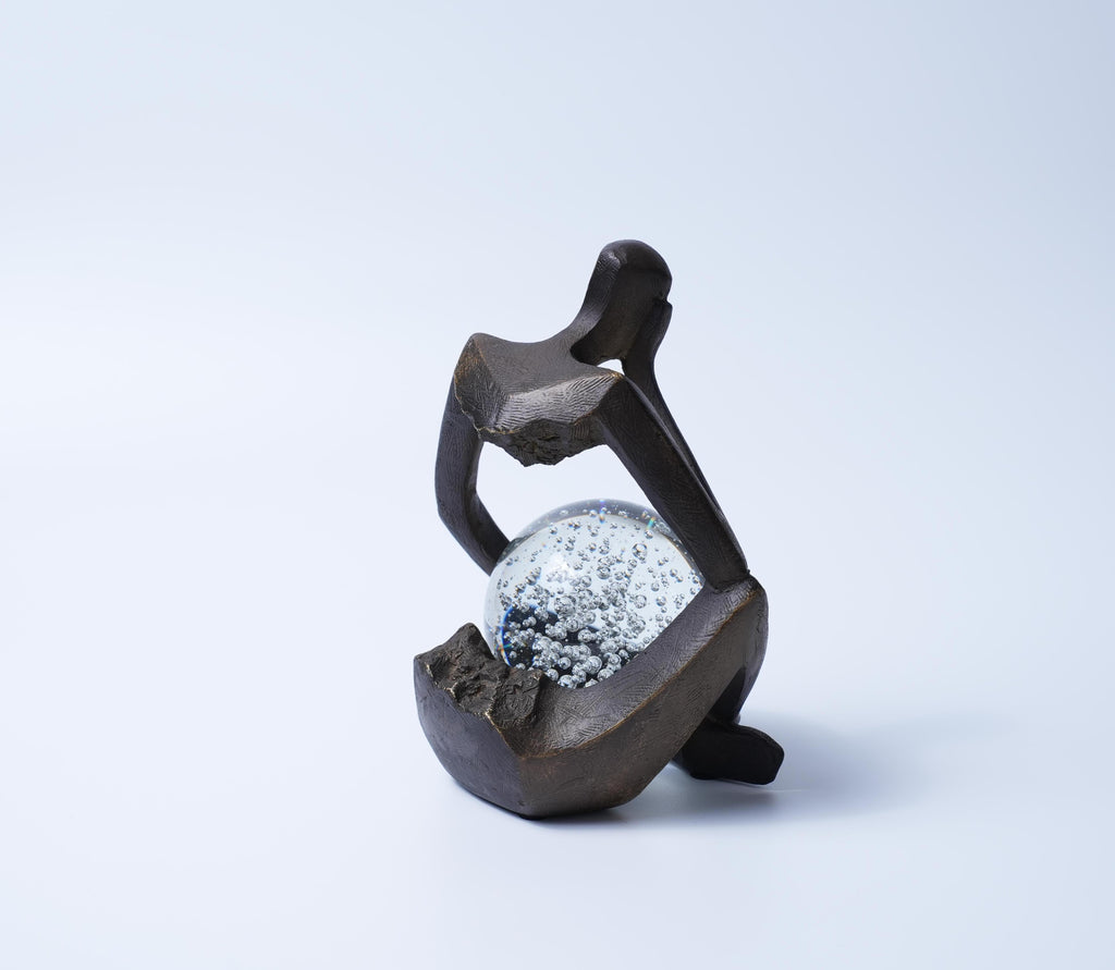 Bronze Thinker Sculpture with Glass Crystal Sphere Decor