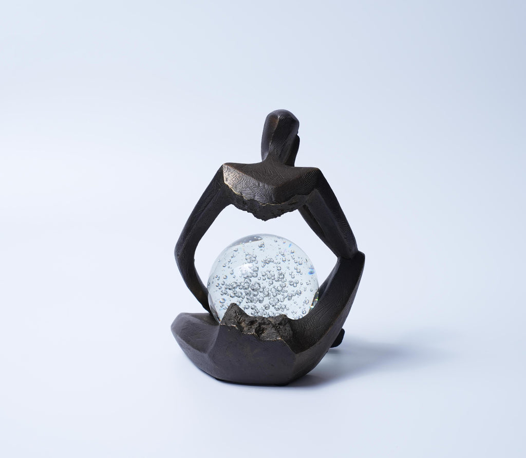 Bronze Thinker Sculpture with Glass Crystal Sphere Decor
